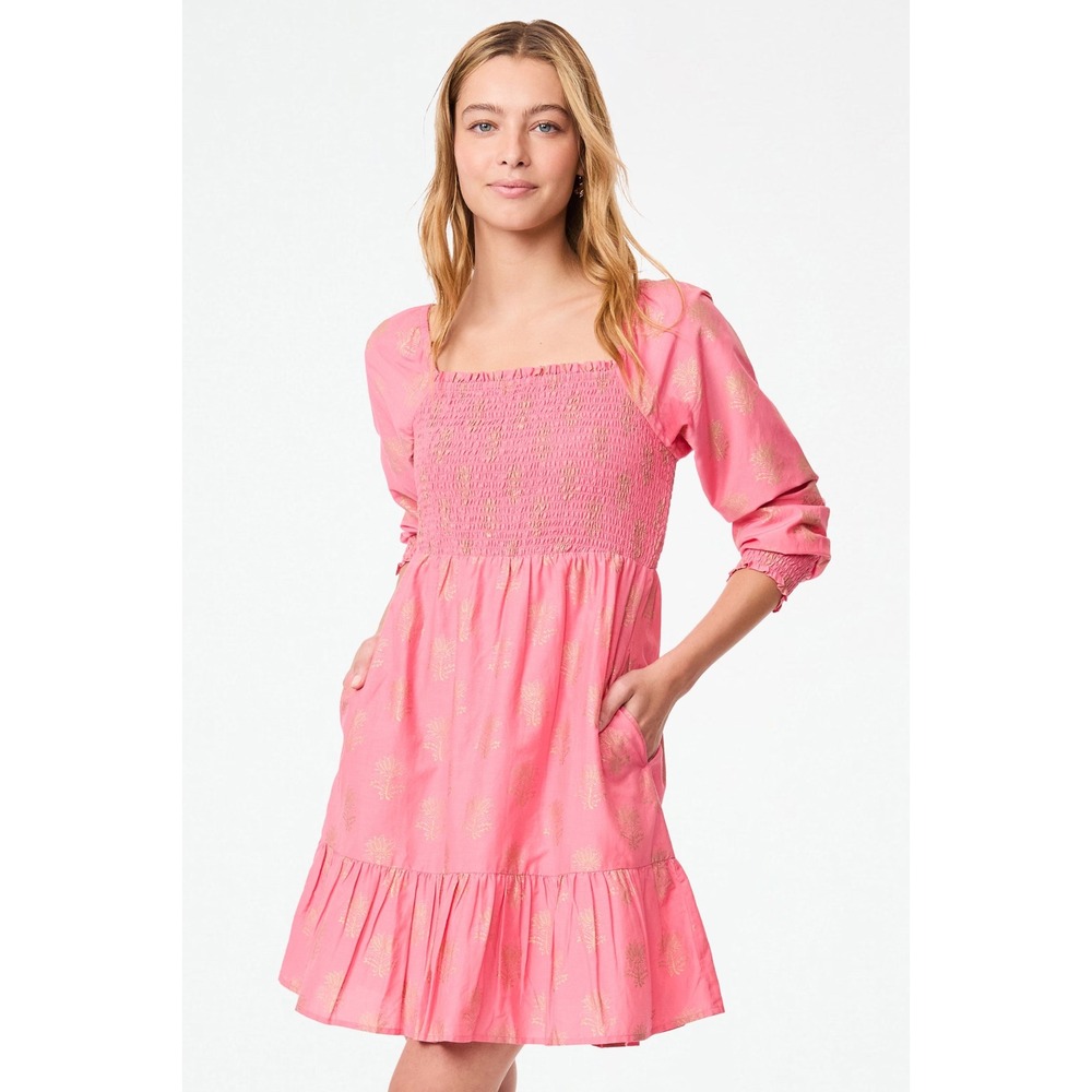 NEW Roller Rabbit Avignon Merli Smocked Mini Dress Pink Gold Metallic Silk‎ LG